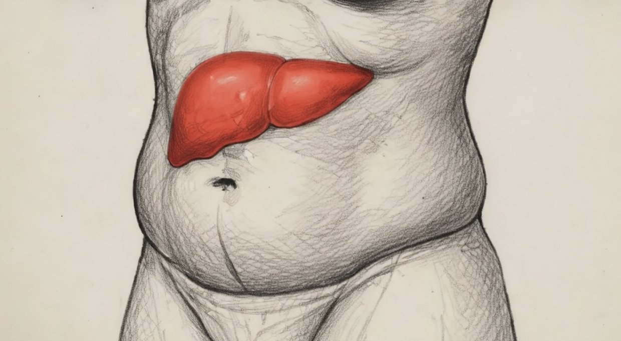 Dibujo de un abdomen con el hígado marcado en rojo