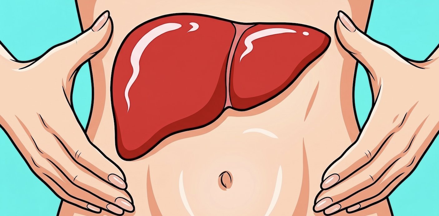 Ilustración de un hígado sobre el abdomen